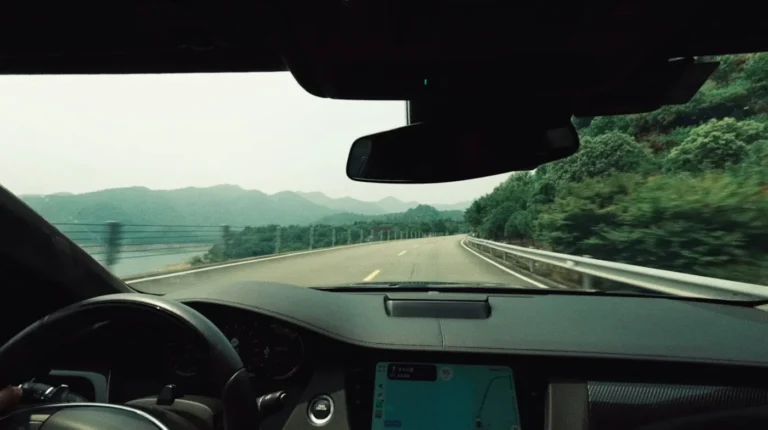 View from the driver’s seat on a mountain road